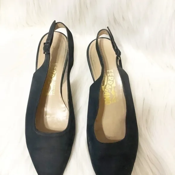 Salvatore Ferragamo Navy Suede Sling Back Shoes