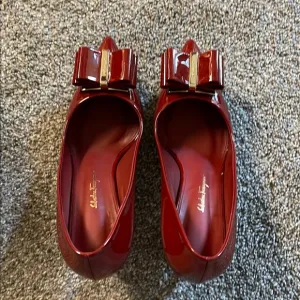 Salvatore Ferragamo Red Patent Leather Bow Pumps
