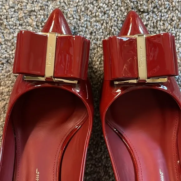 Salvatore Ferragamo Red Patent Leather Bow Pumps