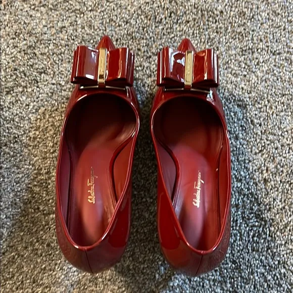 Salvatore Ferragamo Red Patent Leather Bow Pumps
