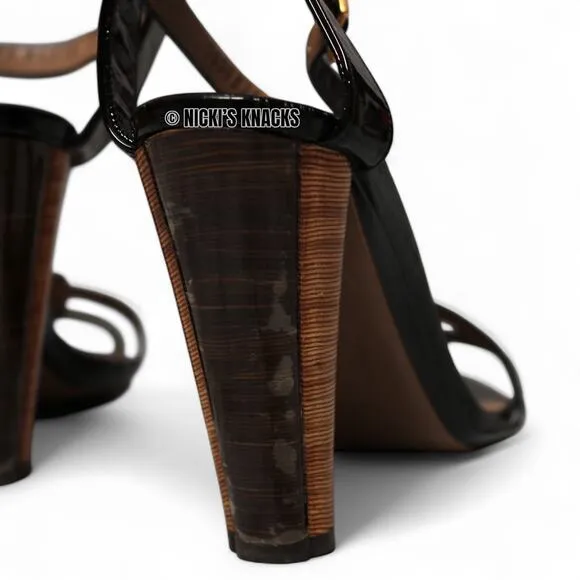 Salvatore Ferragamo Strappy Heeled Sandals Patent Leather Black Size 8