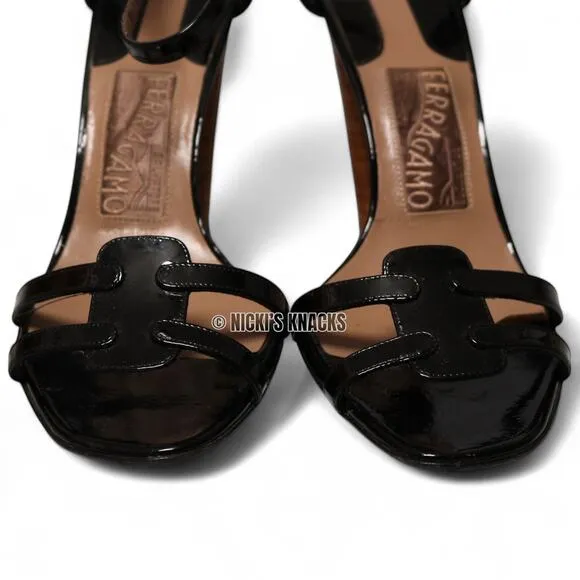 Salvatore Ferragamo Strappy Heeled Sandals Patent Leather Black Size 8