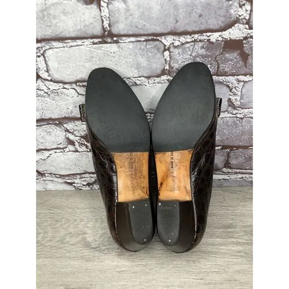 Salvatore Ferragamo Vara Brown Leather Croc Embossed Bow Heels Size 5.5B US/36EU