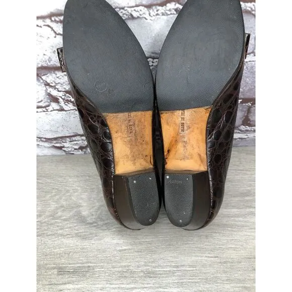 Salvatore Ferragamo Vara Brown Leather Croc Embossed Bow Heels Size 5.5B US/36EU