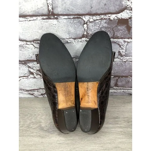 Salvatore Ferragamo Vara Brown Leather Croc Embossed Bow Heels Size 5.5B US/36EU