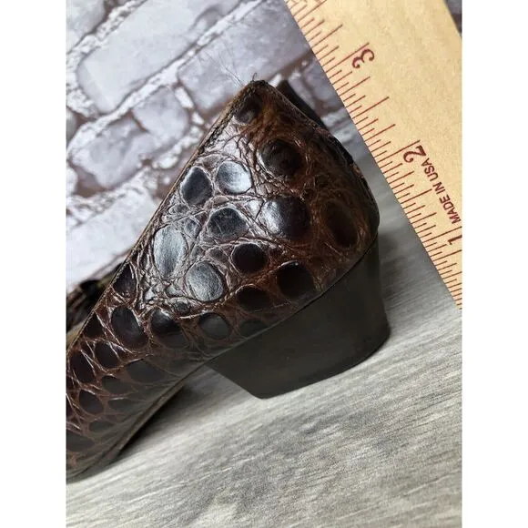 Salvatore Ferragamo Vara Brown Leather Croc Embossed Bow Heels Size 5.5B US/36EU