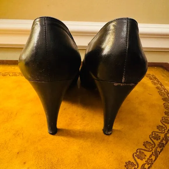 Salvatore Ferragamo Vintage Black Leather Reptile Detail Heels Pumps Shoes Sz 8