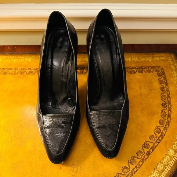 Salvatore Ferragamo Vintage Black Leather Reptile Detail Heels Pumps Shoes Sz 8