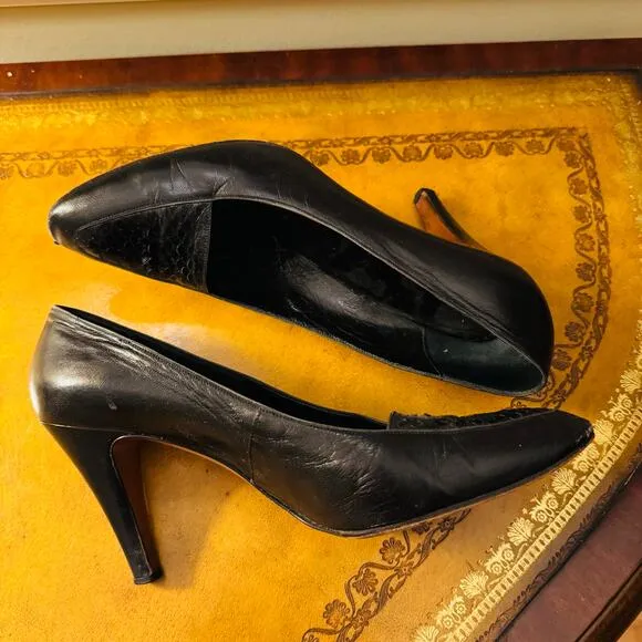 Salvatore Ferragamo Vintage Black Leather Reptile Detail Heels Pumps Shoes Sz 8