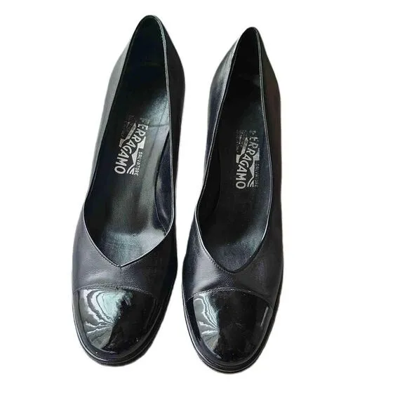 Salvatore Ferragamo Womens Black Leather Pumps Dress Shoes Heels Size 8.5