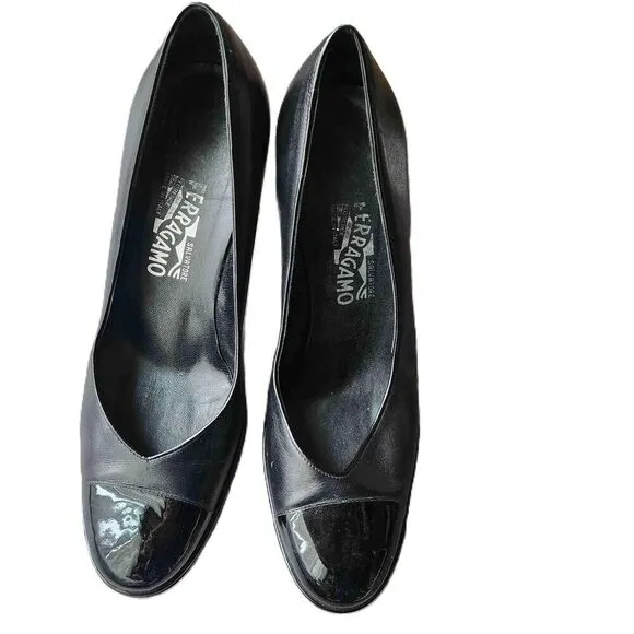 Salvatore Ferragamo Womens Black Leather Pumps Dress Shoes Heels Size 8.5
