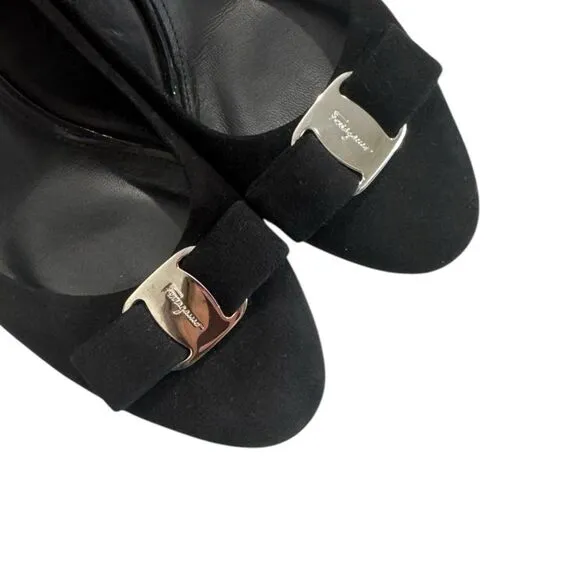 Salvatore Ferragamo Vara pump in black suede with rhinestone heel