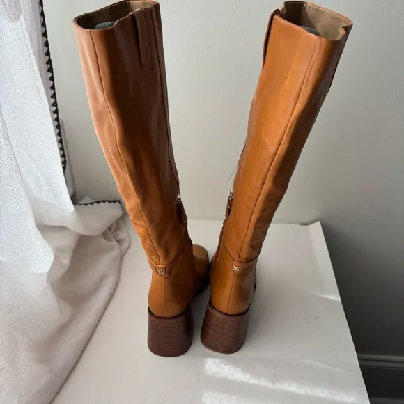 SAM EDELMAN &quot;WADE&quot; CARAMEL LEATHER BLOCK HEEL SQUARE TOE KNEE HIGH BOOT Sz 7