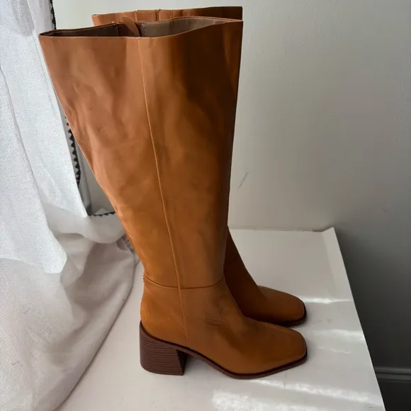 SAM EDELMAN &quot;WADE&quot; CARAMEL LEATHER BLOCK HEEL SQUARE TOE KNEE HIGH BOOT Sz 7