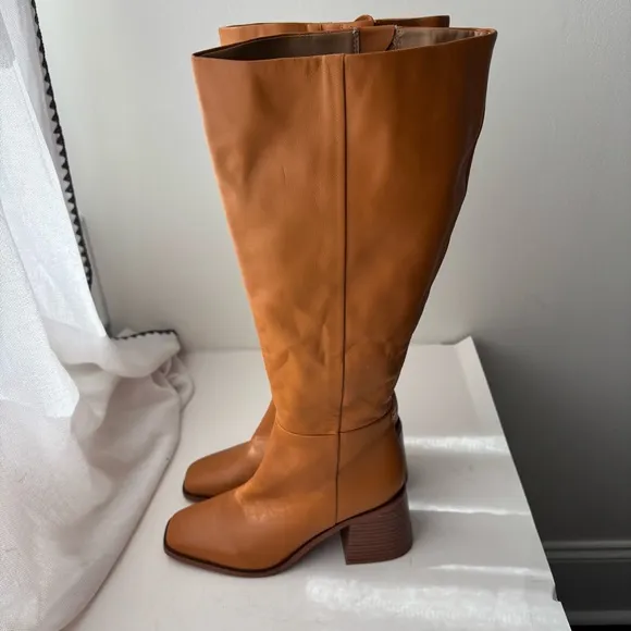 SAM EDELMAN &quot;WADE&quot; CARAMEL LEATHER BLOCK HEEL SQUARE TOE KNEE HIGH BOOT Sz 7