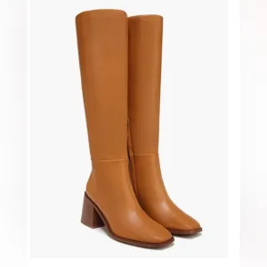 SAM EDELMAN &quot;WADE&quot; CARAMEL LEATHER BLOCK HEEL SQUARE TOE KNEE HIGH BOOT Sz 7