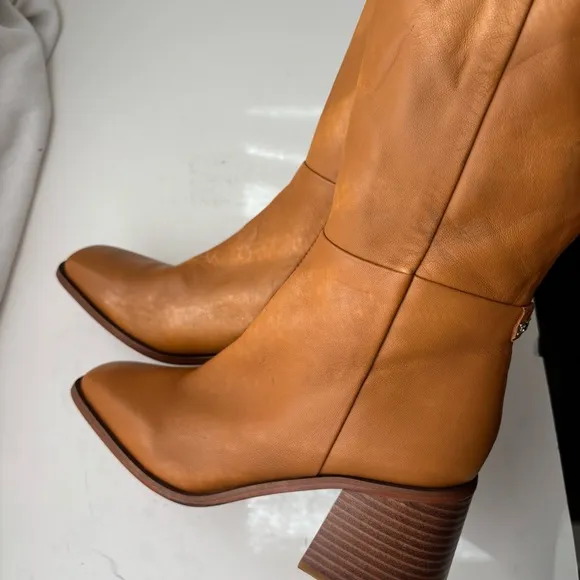 SAM EDELMAN &quot;WADE&quot; CARAMEL LEATHER BLOCK HEEL SQUARE TOE KNEE HIGH BOOT Sz 7