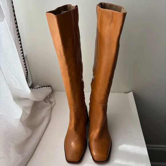 SAM EDELMAN &quot;WADE&quot; CARAMEL LEATHER BLOCK HEEL SQUARE TOE KNEE HIGH BOOT Sz 7