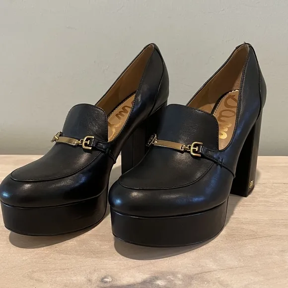 Sam Edelman Aurelie Black Leather Platform Heels in Size 8M/38EUR NWOT
