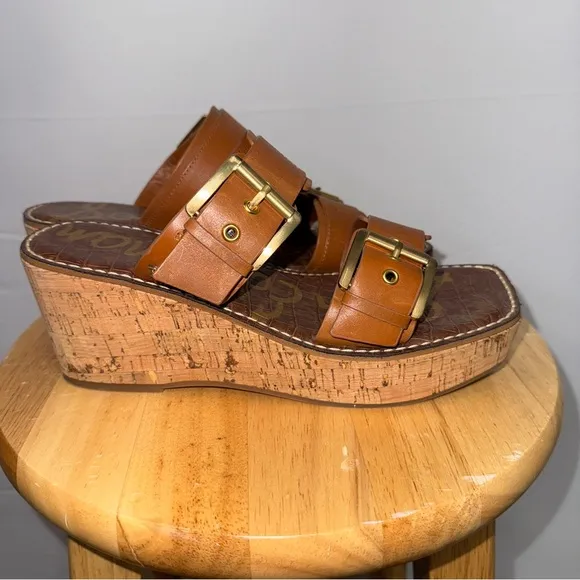 Sam Edelman brown leather Wedge Slide Sandals with a gold buckle accent sz 7.5