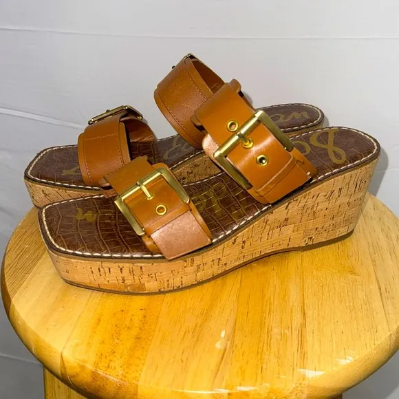 Sam Edelman brown leather Wedge Slide Sandals with a gold buckle accent sz 7.5