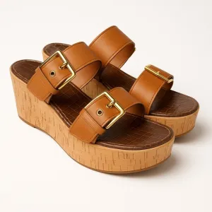 Sam Edelman brown leather Wedge Slide Sandals with a gold buckle accent sz 7.5