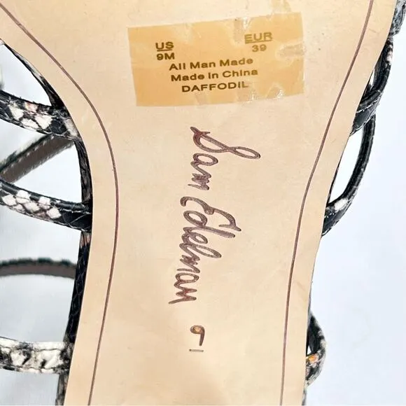 Sam Edelman Daffodil Taupe Snakeprint Ankle Wrap Block Heel Strappy Sandals Sz 9