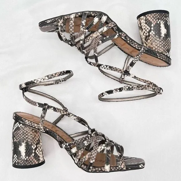Sam Edelman Daffodil Taupe Snakeprint Ankle Wrap Block Heel Strappy Sandals Sz 9