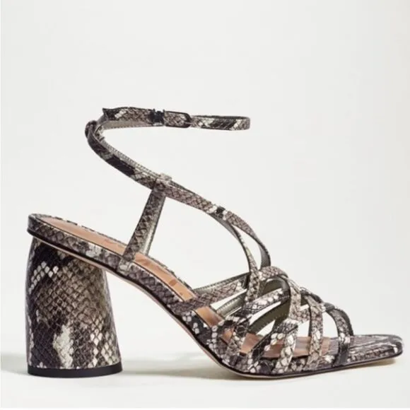 Sam Edelman Daffodil Taupe Snakeprint Ankle Wrap Block Heel Strappy Sandals Sz 9