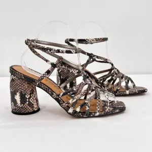 Sam Edelman Daffodil Taupe Snakeprint Ankle Wrap Block Heel Strappy Sandals Sz 9