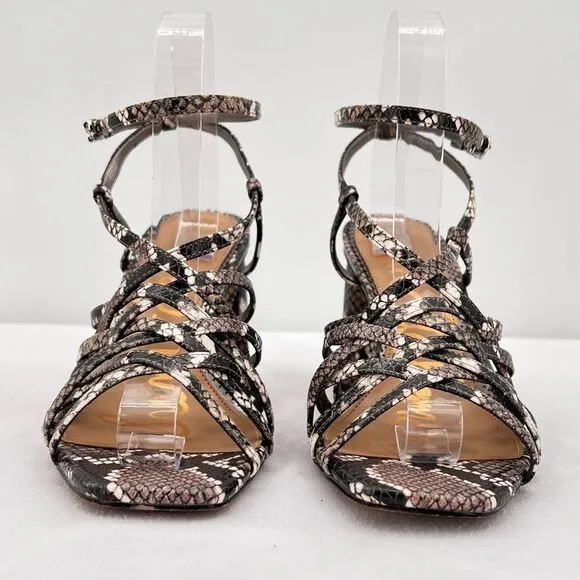 Sam Edelman Daffodil Taupe Snakeprint Ankle Wrap Block Heel Strappy Sandals Sz 9