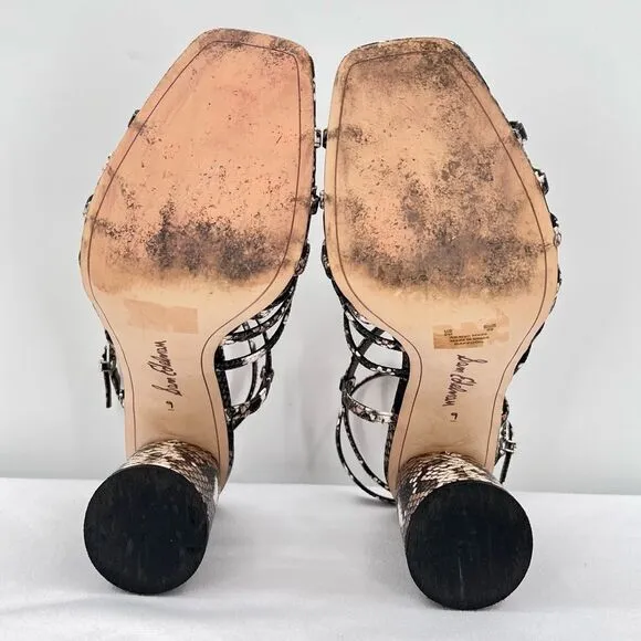 Sam Edelman Daffodil Taupe Snakeprint Ankle Wrap Block Heel Strappy Sandals Sz 9