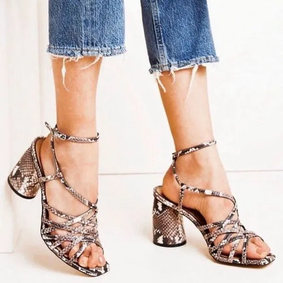 Sam Edelman Daffodil Taupe Snakeprint Ankle Wrap Block Heel Strappy Sandals Sz 9