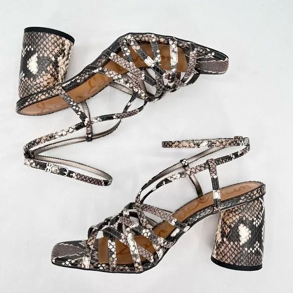 Sam Edelman Daffodil Taupe Snakeprint Ankle Wrap Block Heel Strappy Sandals Sz 9