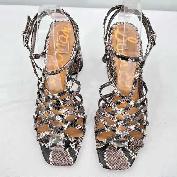 Sam Edelman Daffodil Taupe Snakeprint Ankle Wrap Block Heel Strappy Sandals Sz 9