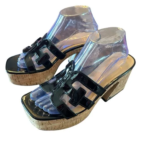 Sam Edelman Dev Black Patent Cork Platform Heels Retro Inspired NEW Size 9