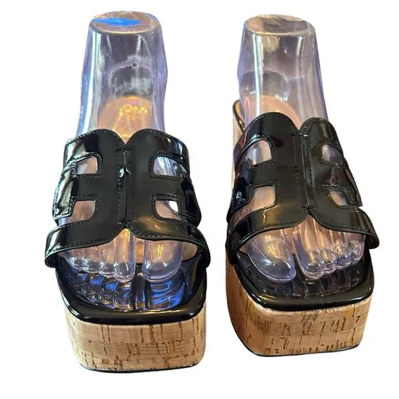 Sam Edelman Dev Black Patent Cork Platform Heels Retro Inspired NEW Size 9