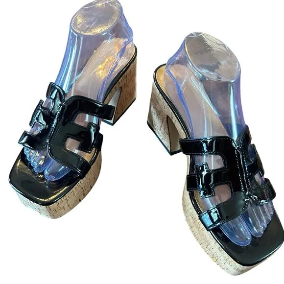 Sam Edelman Dev Black Patent Cork Platform Heels Retro Inspired NEW Size 9