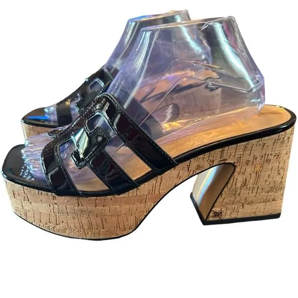 Sam Edelman Dev Black Patent Cork Platform Heels Retro Inspired NEW Size 9