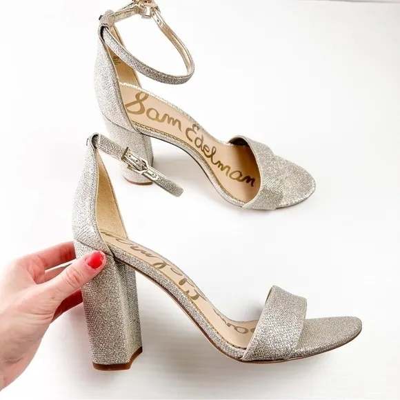 Sam Edelman Heel Sandals womens 10.5 Ankle Strap Open Toe Yaro Gold Mesh Heel