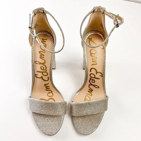 Sam Edelman Heel Sandals womens 10.5 Ankle Strap Open Toe Yaro Gold Mesh Heel