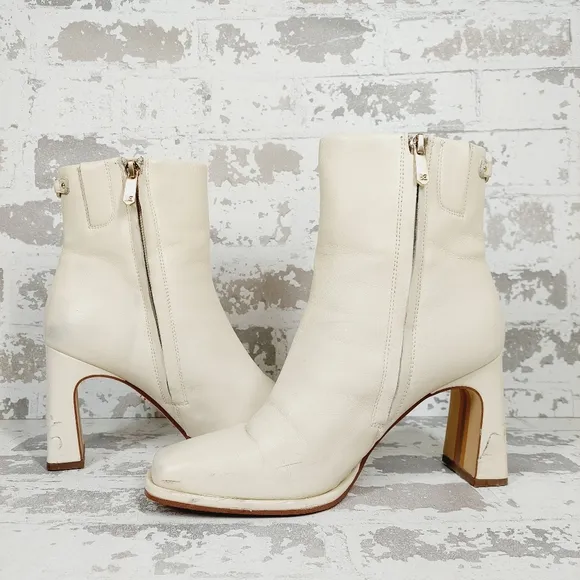 Sam Edelman Irie White Leather Slip On Block Heel Ankle Boots W488