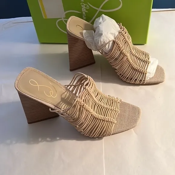 Sam Edelman Laurette block heels mule slip on sandals Sz 8 1/2 Almond Bungee new