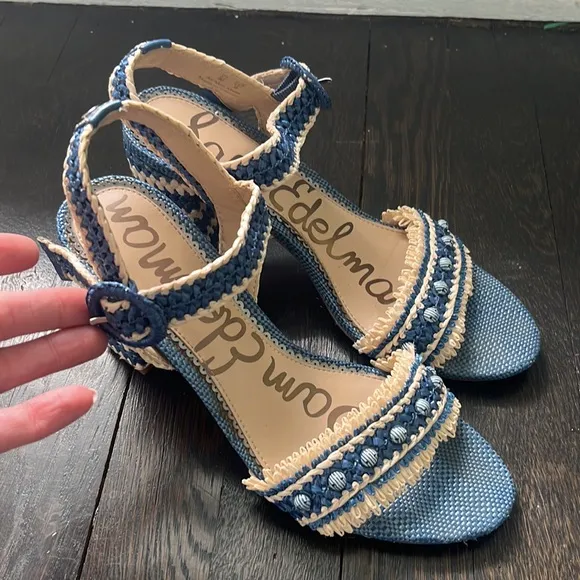 Sam Edelman Olisa Raffia Block Heel Ankle Strap Sandals in Blue- 8