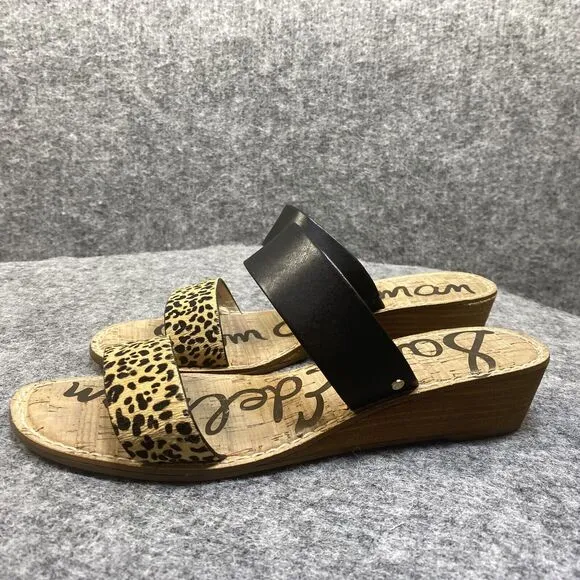 Sam Edelman Sandals Women's Size 11 Black Leather Fur Animal Print Wedge