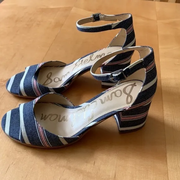 Sam Edelman Susie Stripe Denim Block Heel Sandals 8