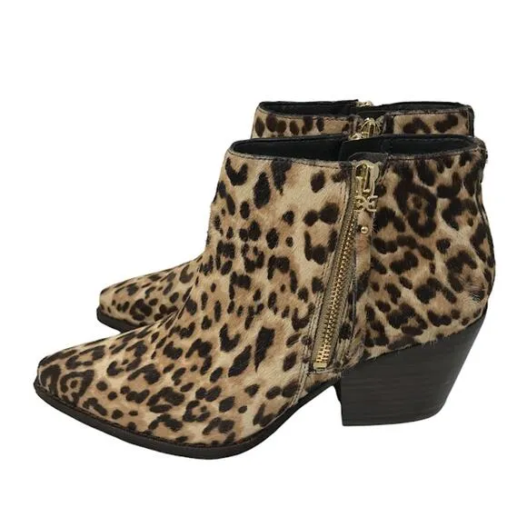 Sam Edelman Walden Leopard Calf Hair Bootie 7 Ankle Boots Pointed Zip Block Heel