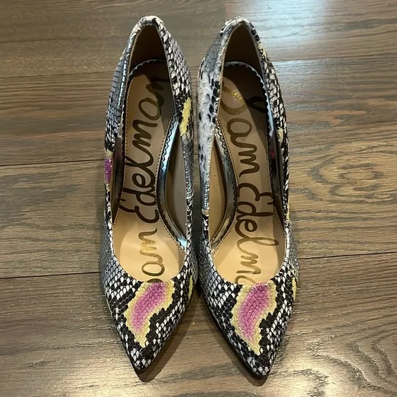 Sam Edelman Womens 6.5 Danna Lilac / Yellow Snake Print Pumps 4” Mob Wife