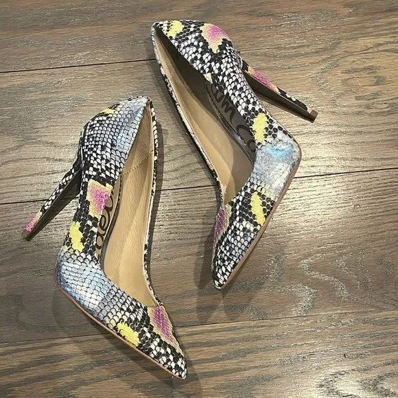 Sam Edelman Womens 6.5 Danna Lilac / Yellow Snake Print Pumps 4” Mob Wife