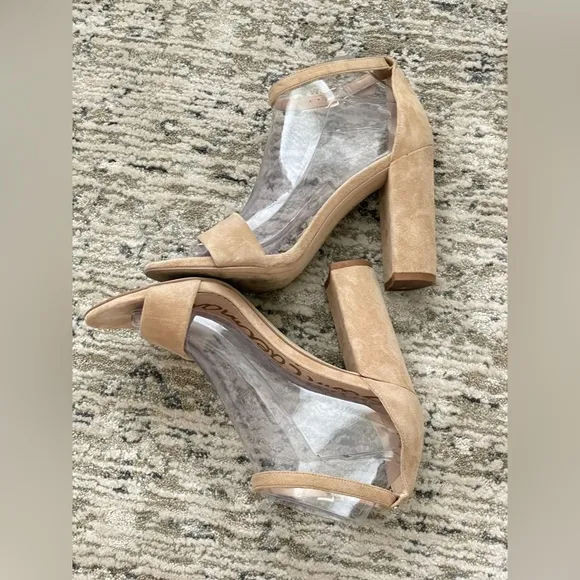 Sam Edelman Yaro Ankle Strap 4&quot; High Block Heel Sandals Nude Suede Size 8.5
